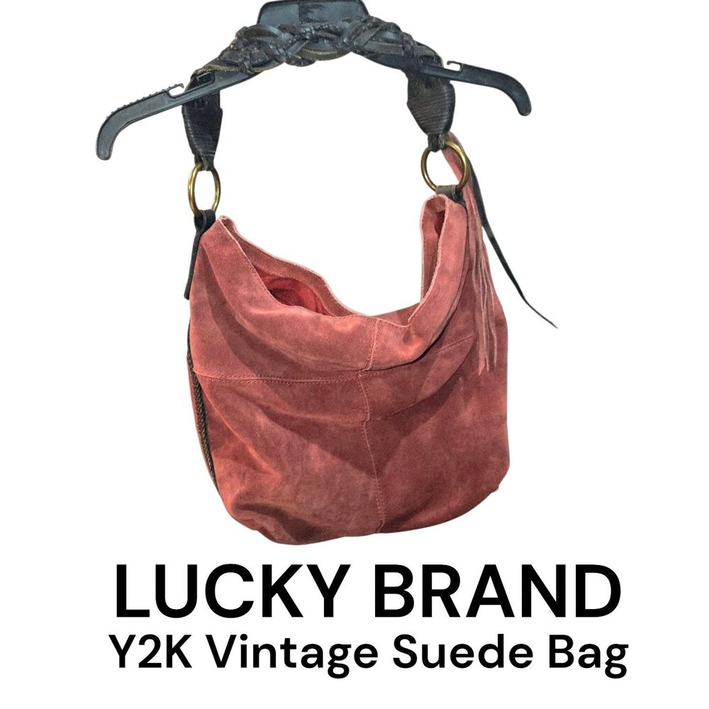 Lucky Brand Distressed Deep Red Suede Black Braided Leather Strap Shoulder Bag
